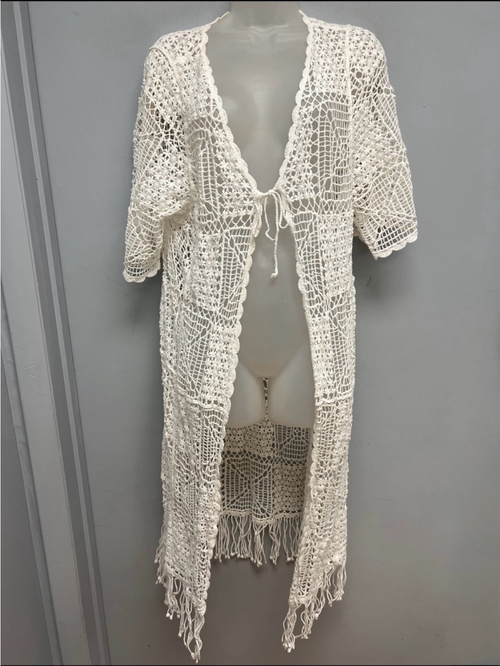Mystree Crochet Fringe Duster Cardigan Ivory Boho Swim Cover Up OS